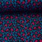 Preview: Double Slub Musselin Katrin, Türkis mit Leoprint in Schwarz und Korallpink