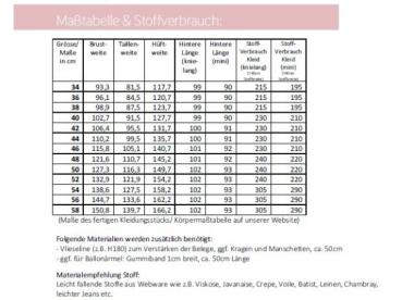 Maßtabelle und Stoffverbrauch
