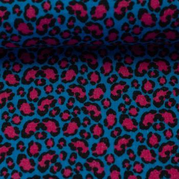 Double Slub Musselin Katrin, Türkis mit Leoprint in Schwarz und Korallpink
