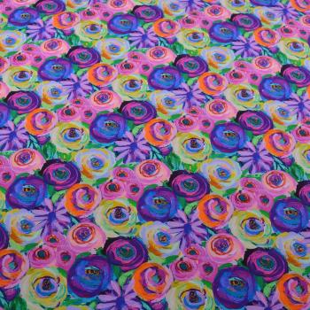 Baumwoll-Jersey Digitaldruck, Blüten, blau-bunt