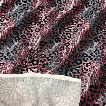 Preview: Viskose Jersey Leo grau/schwarz mit bordeauxfarbenen Blättern
