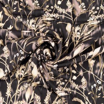 Viskose Twill-Webware, Gräser-Design in anthrazit-beige