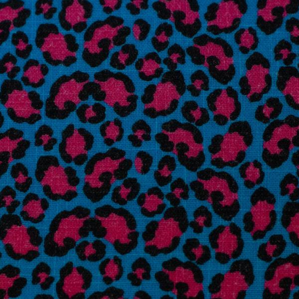 Double Slub Musselin Katrin, Türkis mit Leoprint in Schwarz und Korallpink