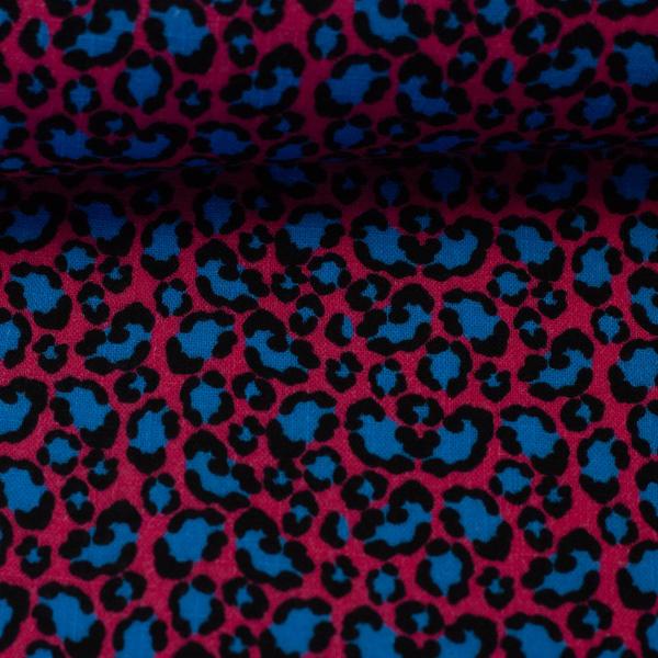 Double Slub Musselin Katrin, Korall-Pink mit Leoprint in Schwarz und Petrol