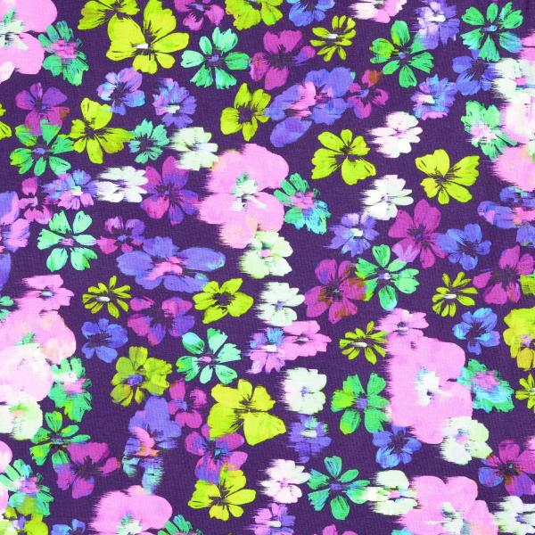 Baumwoll-Jersey, bunte Blüten, multicolor flieder