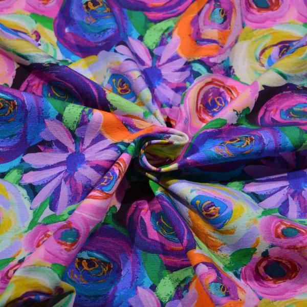 Baumwoll-Jersey Digitaldruck, Blüten, blau-bunt
