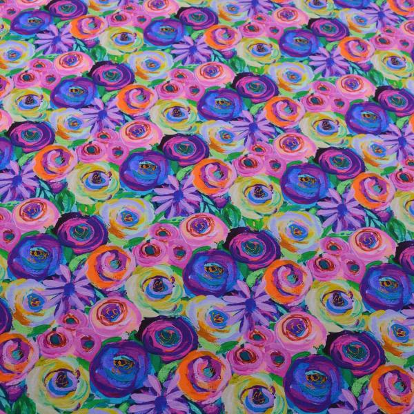 Baumwoll-Jersey Digitaldruck, Blüten, blau-bunt