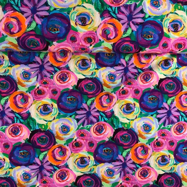 Baumwoll-Jersey Digitaldruck, Blüten, pink-bunt