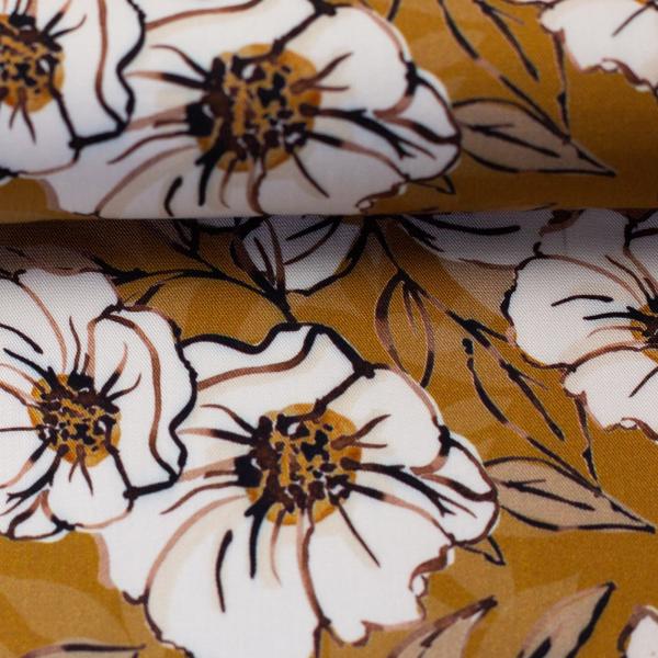 Viskosewebware Big white Roses by Christiane Zielinski, Blumendesign in camel/ocker