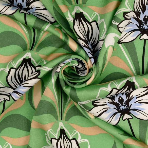 Viskose Satin - Blumen auf Grün