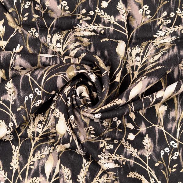 Viskose Twill-Webware, Gräser-Design in anthrazit-beige